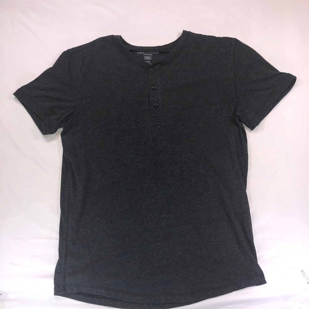 American Eagle Flex Henley Shirt Mens Medium Charcoal Gray Short Sleeve Classic
